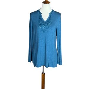 WinterSilks blue silk blend sweater with beading embellishment Size Large